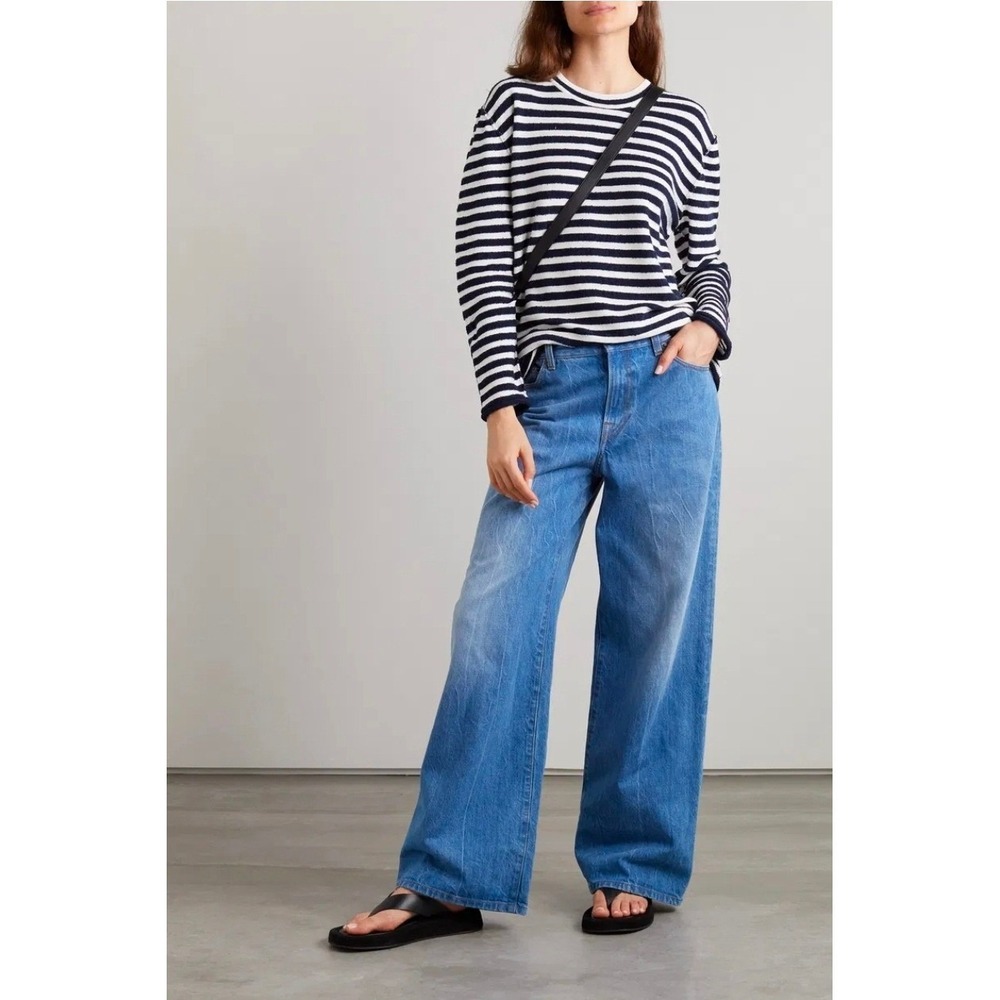 The Row Giusti Stripe Blue Cream Long Sleeve Sweatshirt Top 2X Cashmere Silk